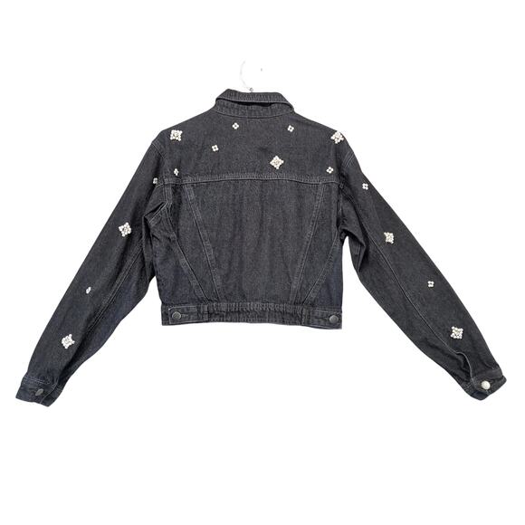 Forever 21 Embellished Black Denim Cropped Jean Jacket Women's M Pearl Gems - Picture 3 of 10